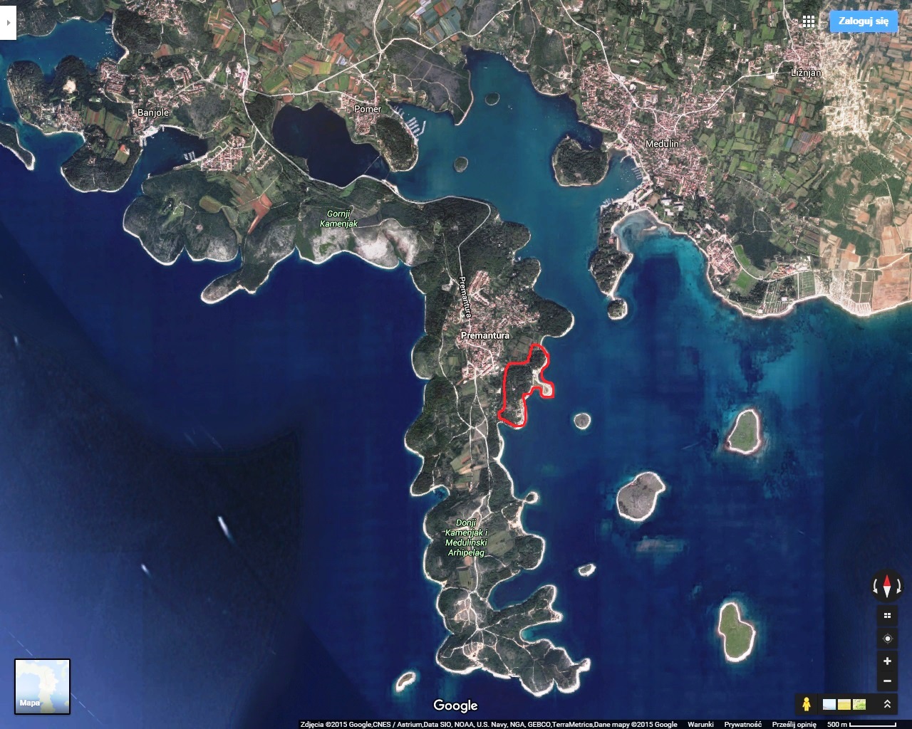 I na tle przylądka Kamenjak (Cape Kamenjak)- na czerwono zaznaczony obszar kempingu Stupice / Premantura2.jpg Premantura2.jpg